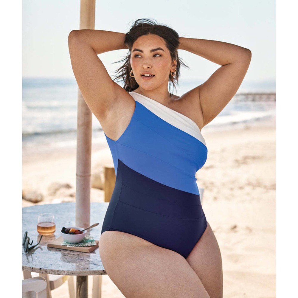 NEW Summersalt One Piece Swimsuit Sidestroke One Shoulder Blue White Stretch 14